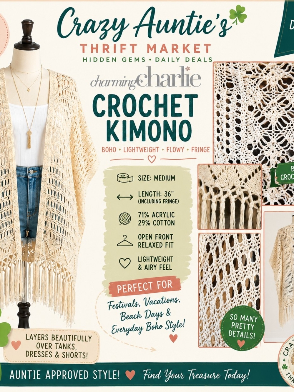 Crochet Knit Sweater Size M Boho Festival Fringe YeeHaw Meemaw Whimsy Coastal